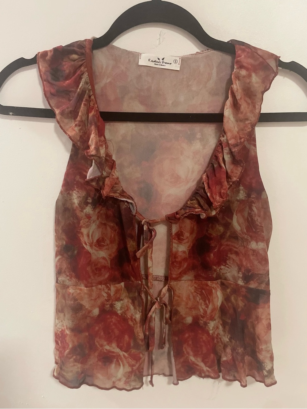 Ruched Tie-Front Floral Sheer Camisole - Red